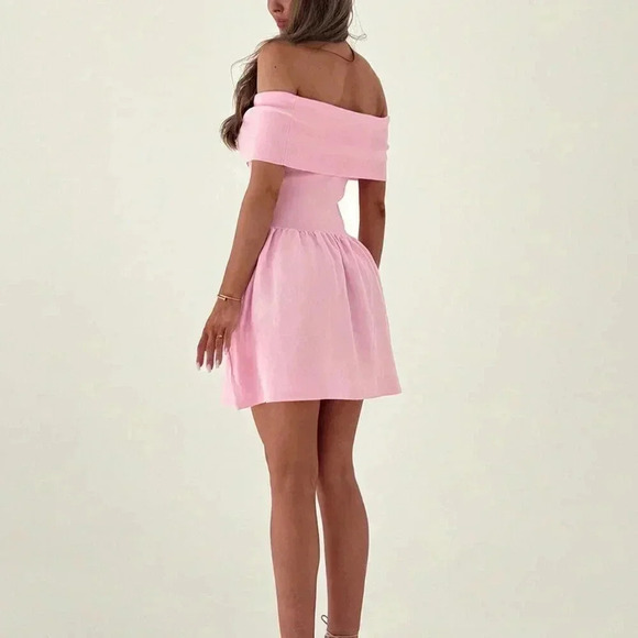 Pink Elegant Women's Off-Shoulder Mini Dress In Romantic Color - Picture 2 of 6